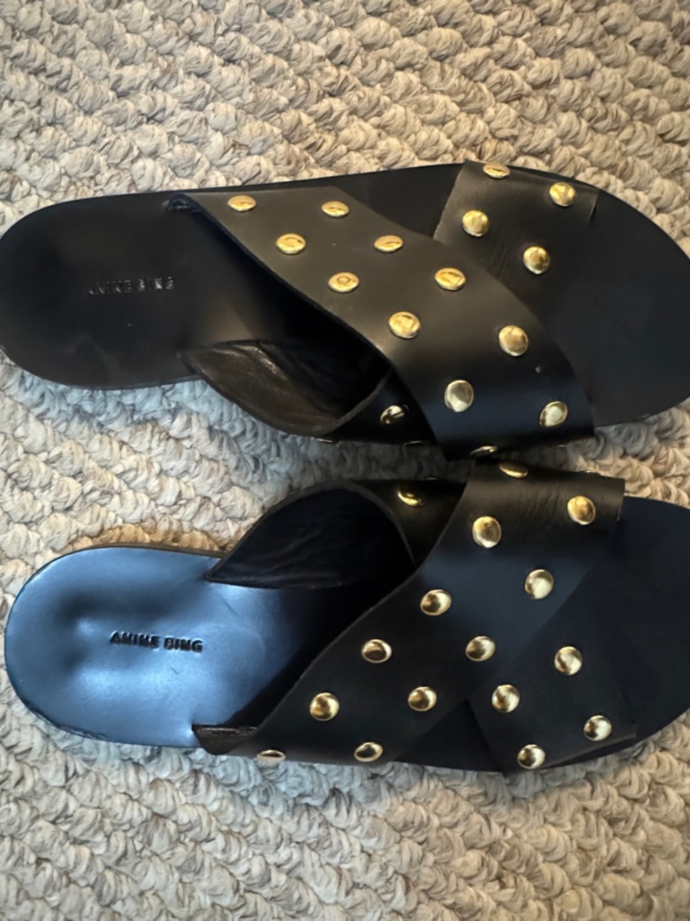 Anine Bing Black Leather Studded Slide Sandals